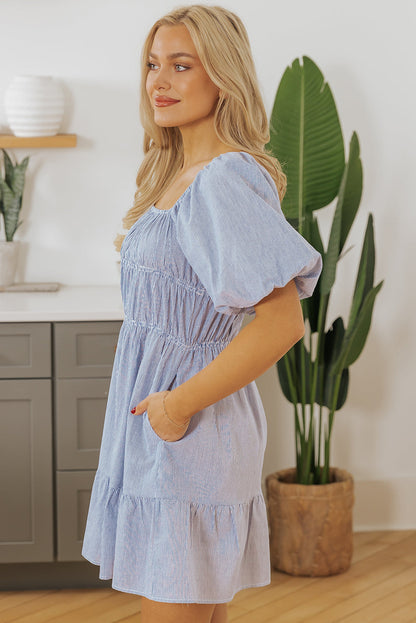 Monica Stripe Bubble Sleeve Ruched Pocketed Babydoll Dress