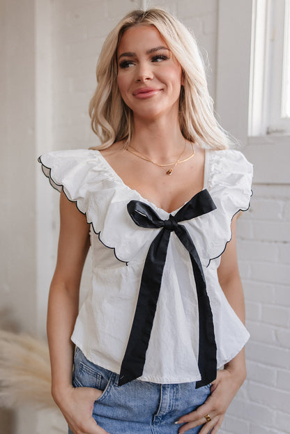 Azariah Contrast Bow Ruffle Trim V Neck Blouse