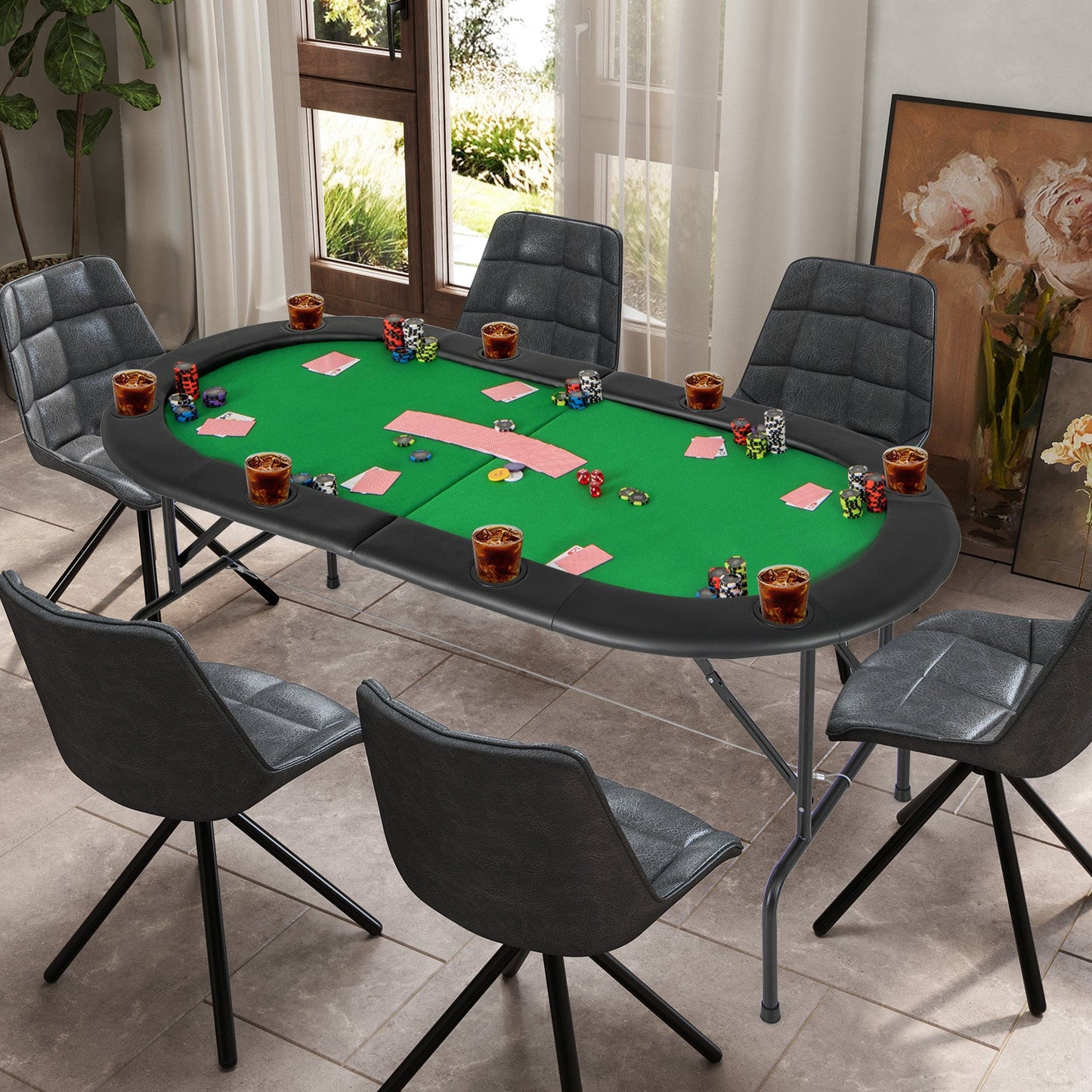 8 Players Texas Holdem Foldable Poker Table-Green