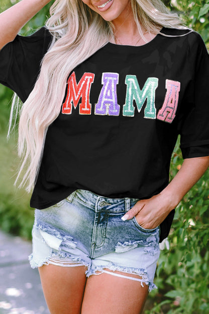MAMA Chenille Patched Crew Neck Top