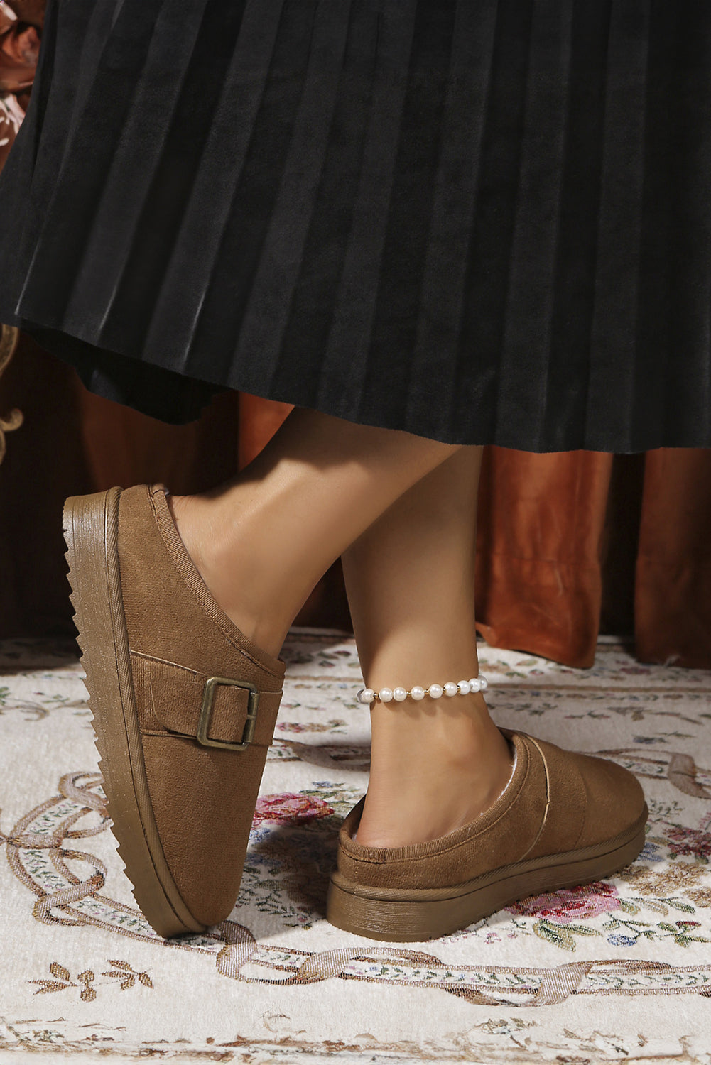 Jasmine Faux Suede Buckle Strap Detail Winter Slippers