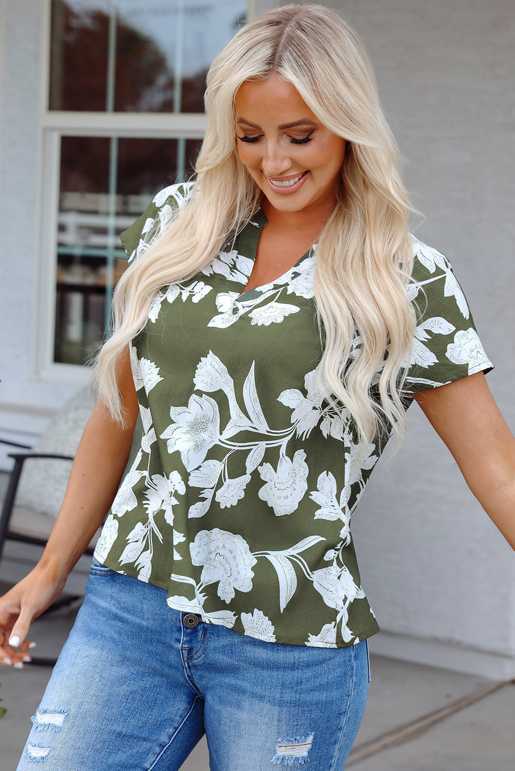 Floral Split Neck Short Sleeve Blouse