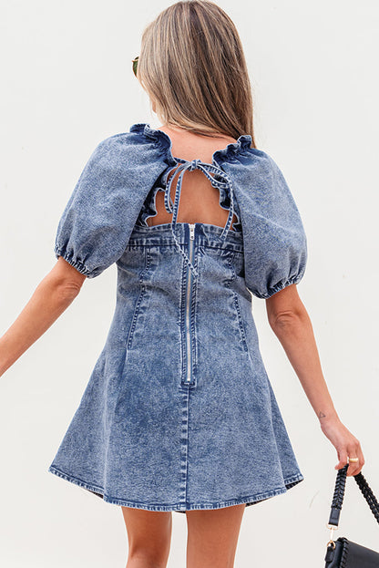 Celia Square Neck Bustier Puff Sleeve Short Denim Dress