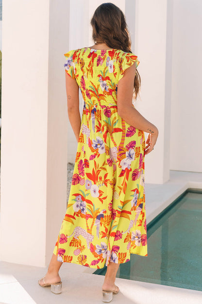 Dani Cheetah Plant Shirred Button V Neck Maxi Dress