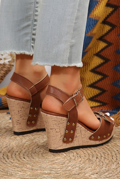 Elli Rivet Buckle Closure Wedge Sandals
