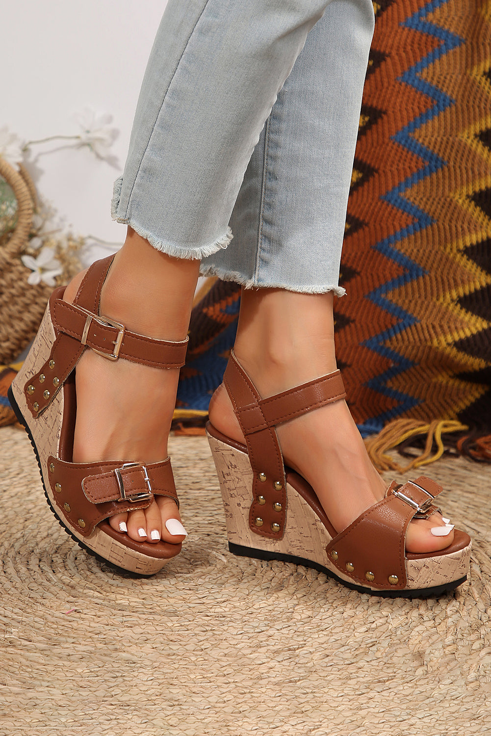 Elli Rivet Buckle Closure Wedge Sandals