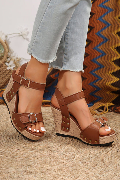 Elli Rivet Buckle Closure Wedge Sandals
