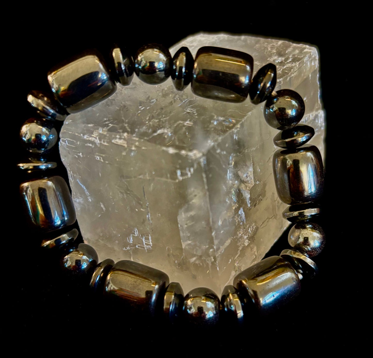 Power Play Hematite Bracelet | Geometric Healing Stone for Strength & Style (Large Wrists)