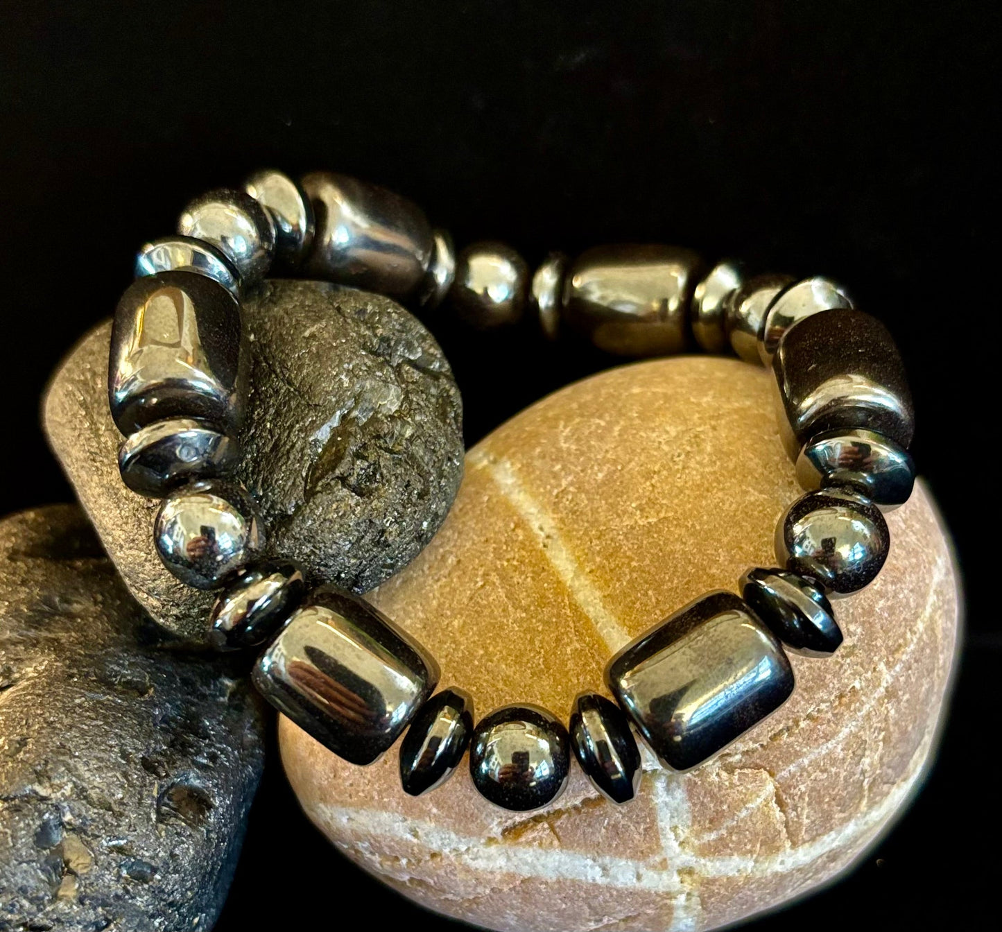 Power Play Hematite Bracelet | Geometric Healing Stone for Strength & Style (Large Wrists)