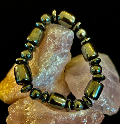 Power Play Hematite Bracelet | Geometric Healing Stone for Strength & Style (Large Wrists)