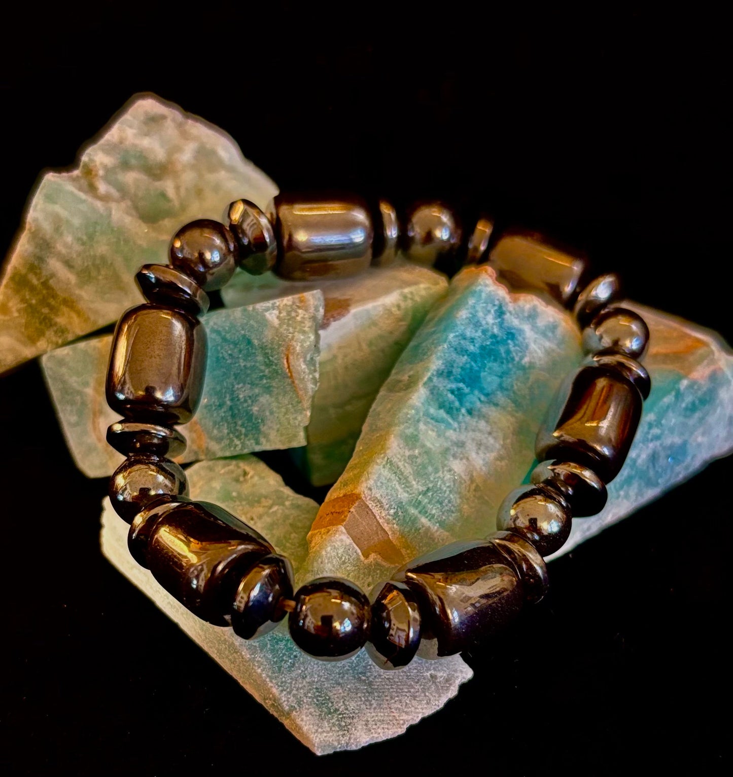 Power Play Hematite Bracelet | Geometric Healing Stone for Strength & Style (Large Wrists)