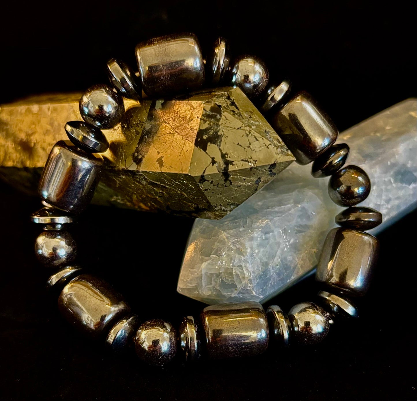 Power Play Hematite Bracelet | Geometric Healing Stone for Strength & Style (Large Wrists)