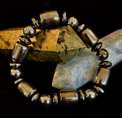 Power Play Hematite Bracelet | Geometric Healing Stone for Strength & Style (Large Wrists)