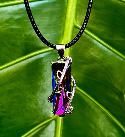 Prismatic Energy Pendant Necklace | Colorful Crystal Branch Design on Leather Cord