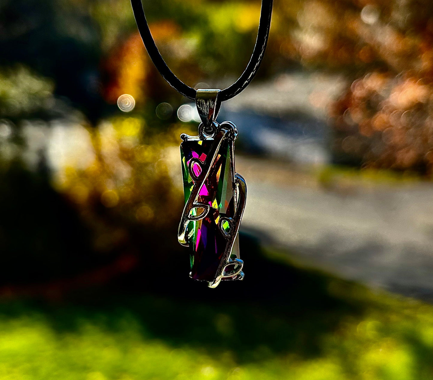 Prismatic Energy Pendant Necklace | Colorful Crystal Branch Design on Leather Cord