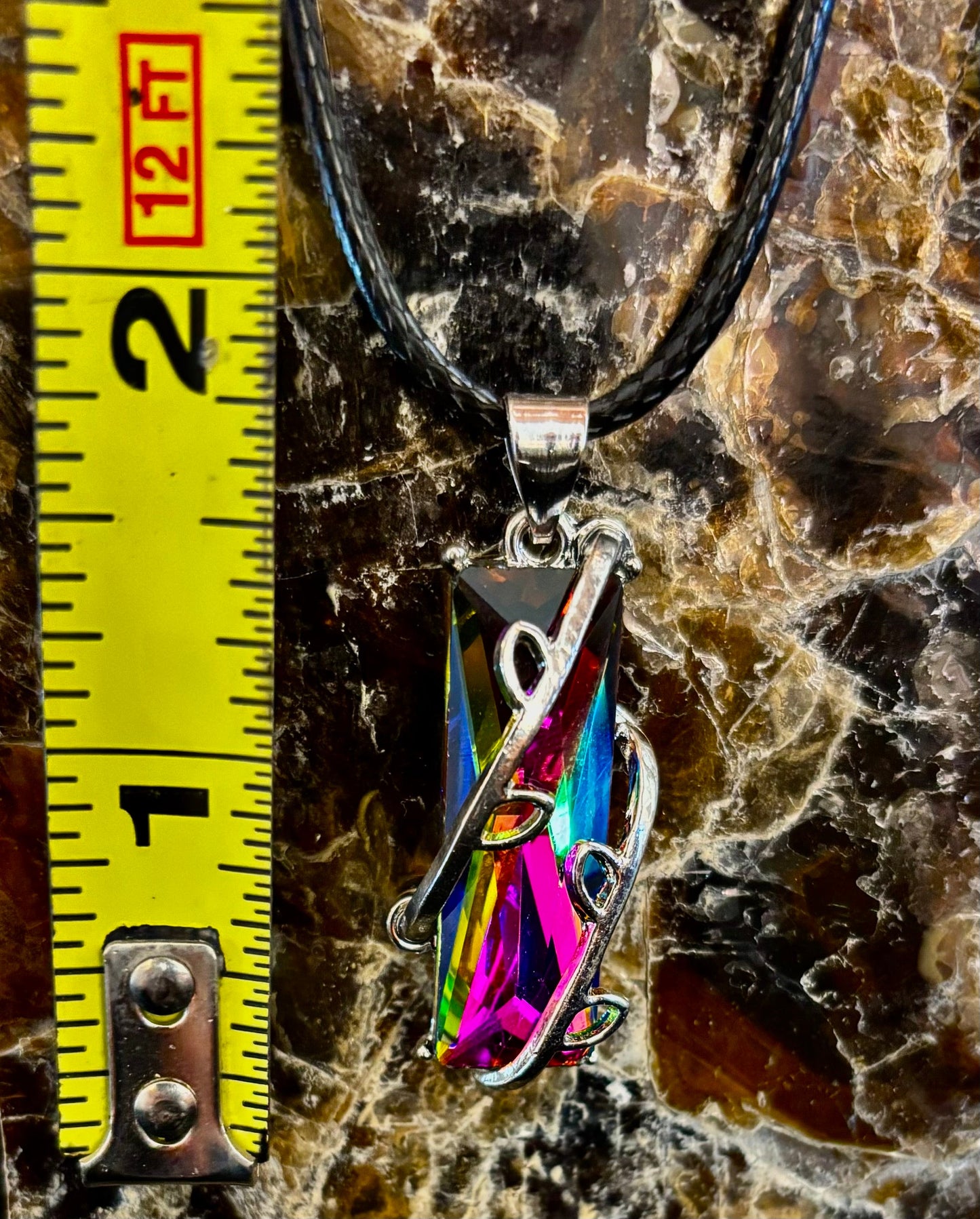 Prismatic Energy Pendant Necklace | Colorful Crystal Branch Design on Leather Cord