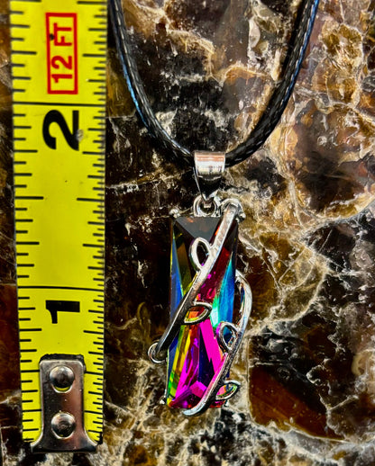 Prismatic Energy Pendant Necklace | Colorful Crystal Branch Design on Leather Cord