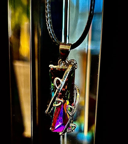 Prismatic Energy Pendant Necklace | Colorful Crystal Branch Design on Leather Cord