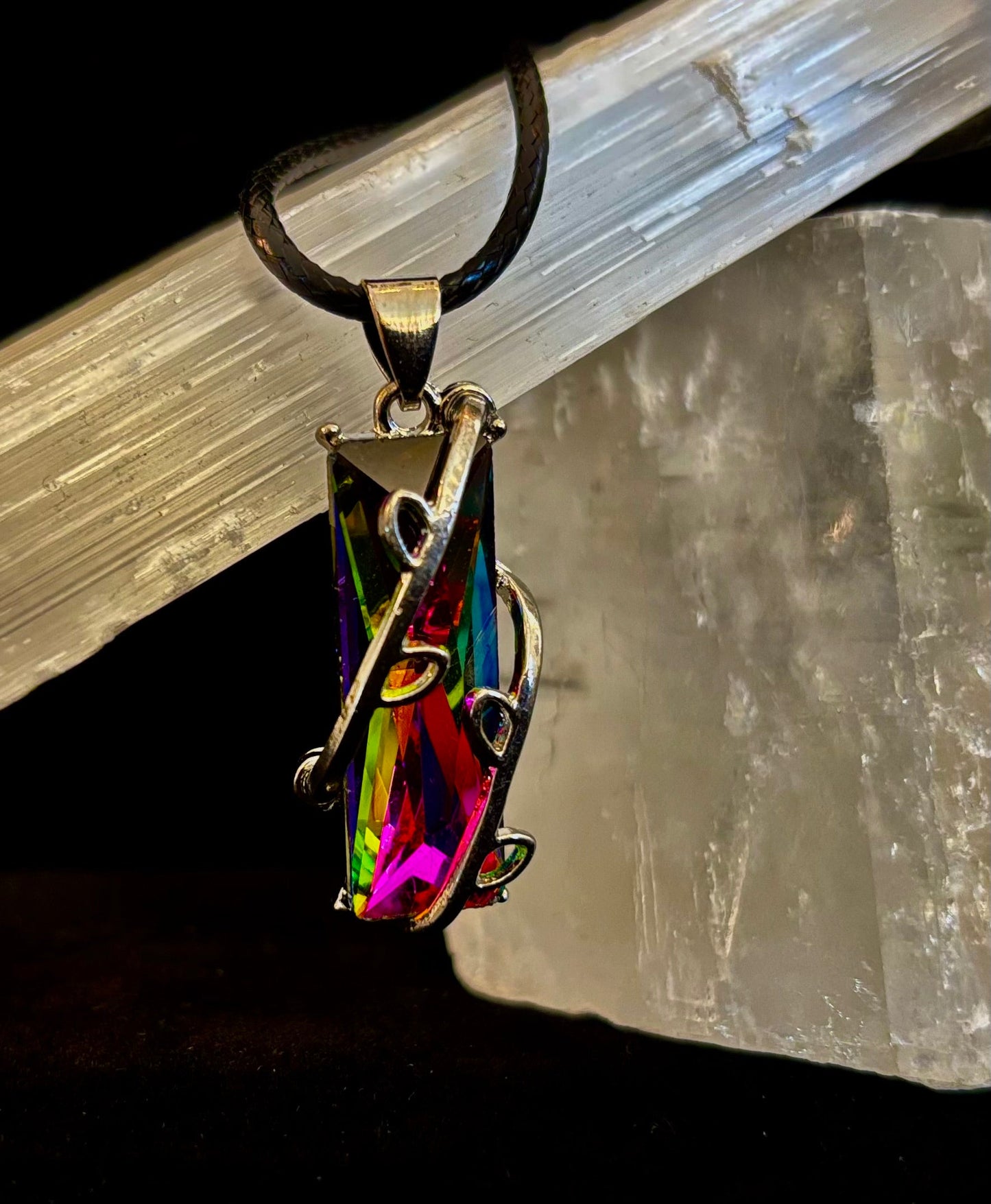 Prismatic Energy Pendant Necklace | Colorful Crystal Branch Design on Leather Cord