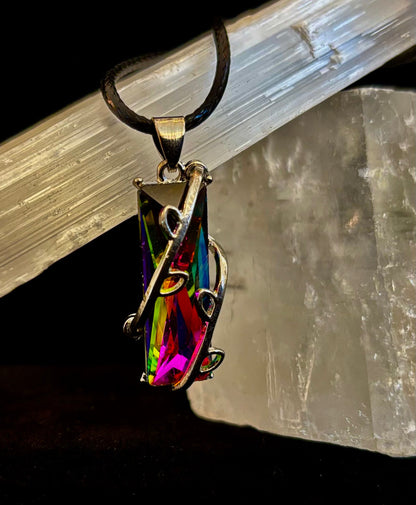 Prismatic Energy Pendant Necklace | Colorful Crystal Branch Design on Leather Cord