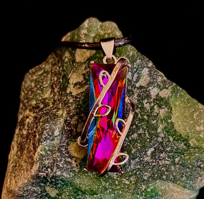 Prismatic Energy Pendant Necklace | Colorful Crystal Branch Design on Leather Cord