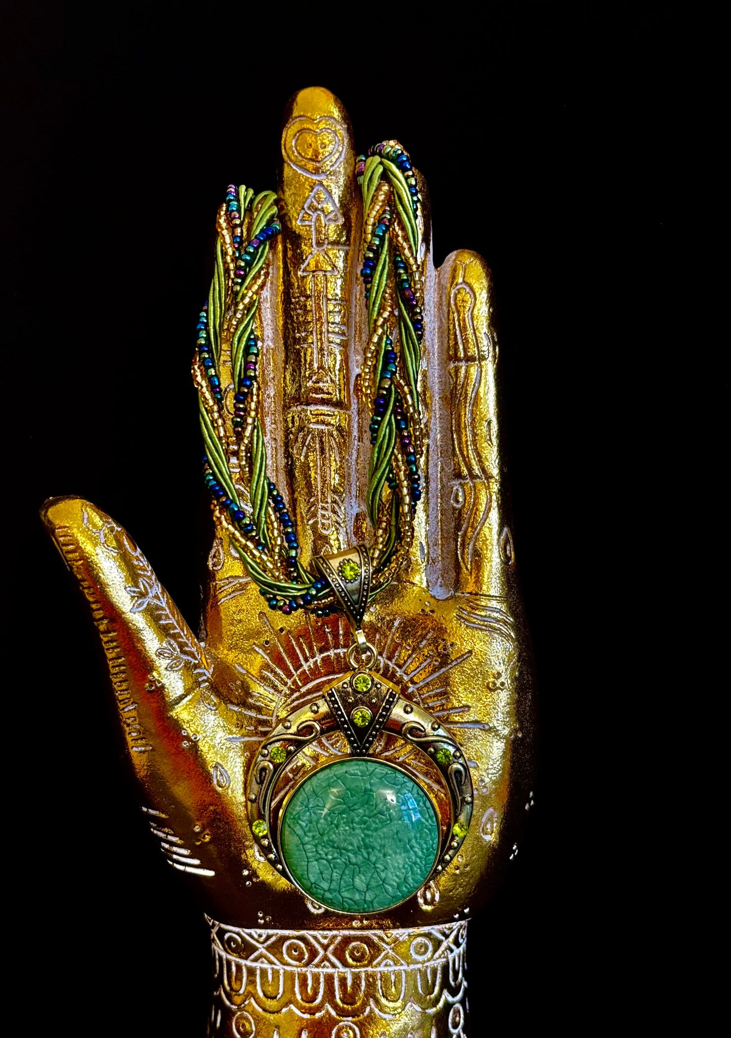 Bohemian Green Goddess Necklace | Handmade Vintage-Inspired Beaded Statement Pendant