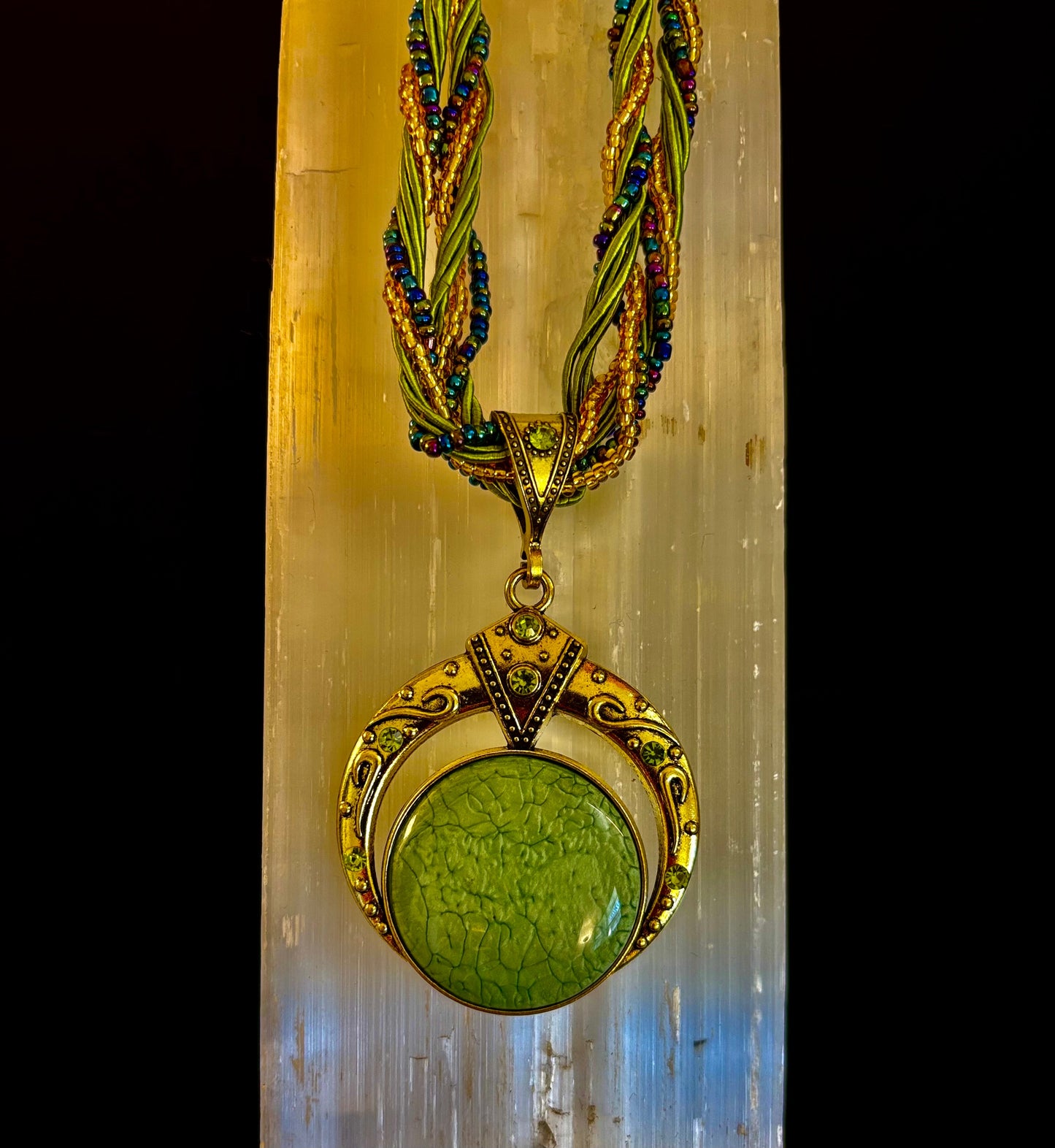 Bohemian Green Goddess Necklace | Handmade Vintage-Inspired Beaded Statement Pendant