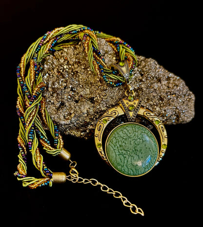 Bohemian Green Goddess Necklace | Handmade Vintage-Inspired Beaded Statement Pendant