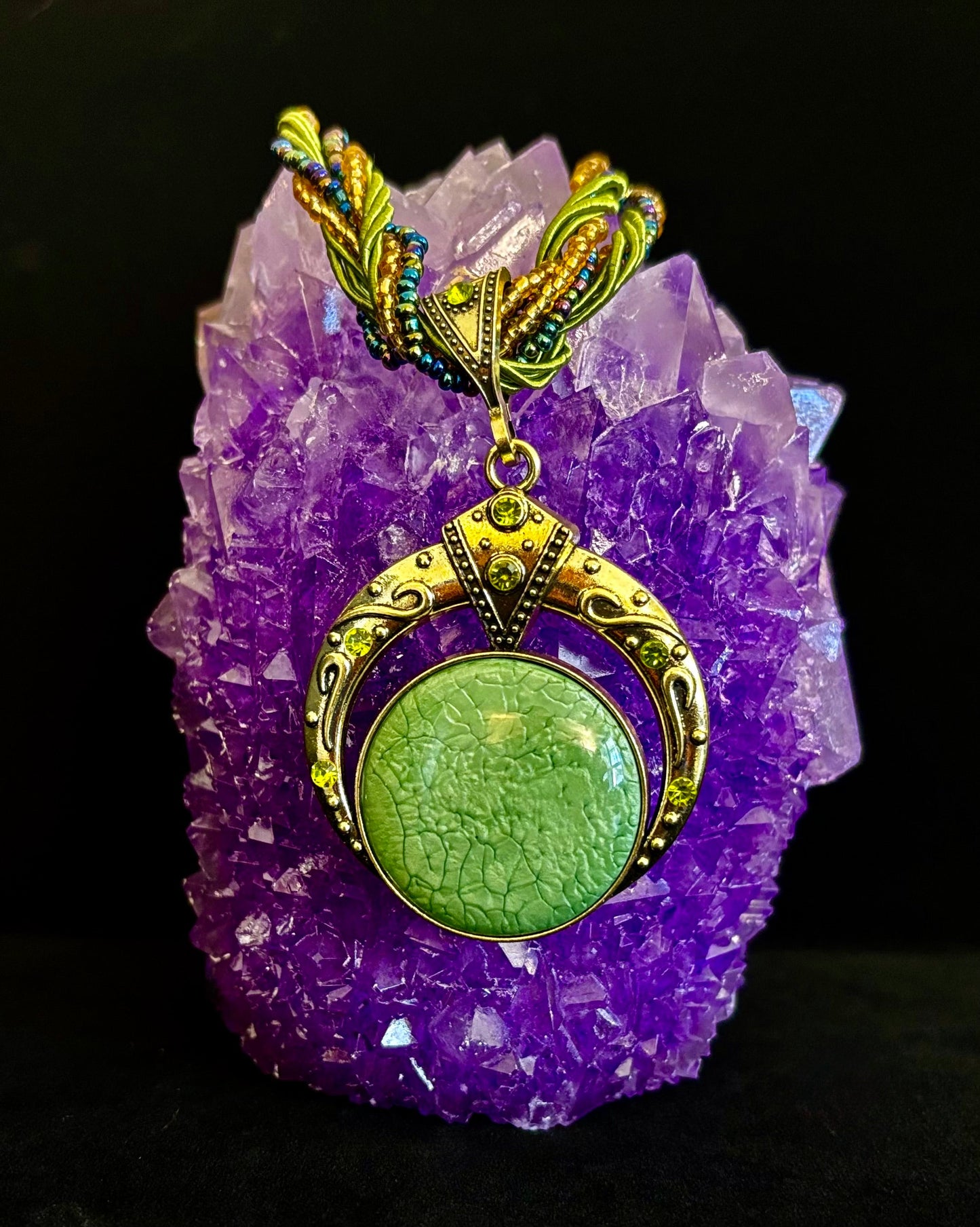 Bohemian Green Goddess Necklace | Handmade Vintage-Inspired Beaded Statement Pendant