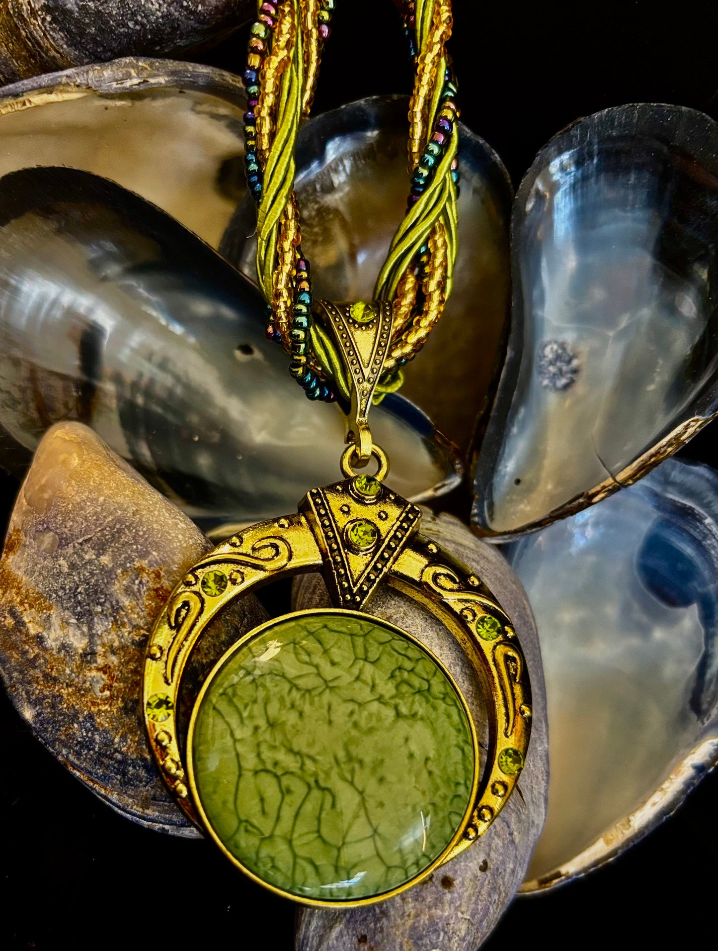 Bohemian Green Goddess Necklace | Handmade Vintage-Inspired Beaded Statement Pendant