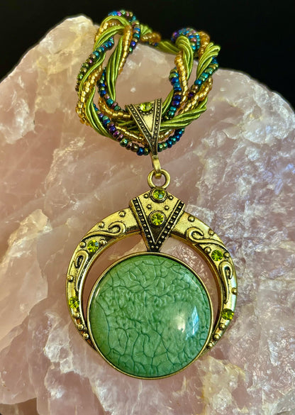 Bohemian Green Goddess Necklace | Handmade Vintage-Inspired Beaded Statement Pendant