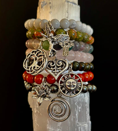 7 Wonders Natural Stone Charm Bracelet Collection | 8mm Healing Gemstone Beads with Silver Charms (Small–Medium Wrists)