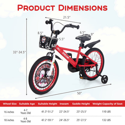 18 Inch Kids Bike Adjustable with Storage Basket and Double Brake for 4-8 Years Old-18 inches