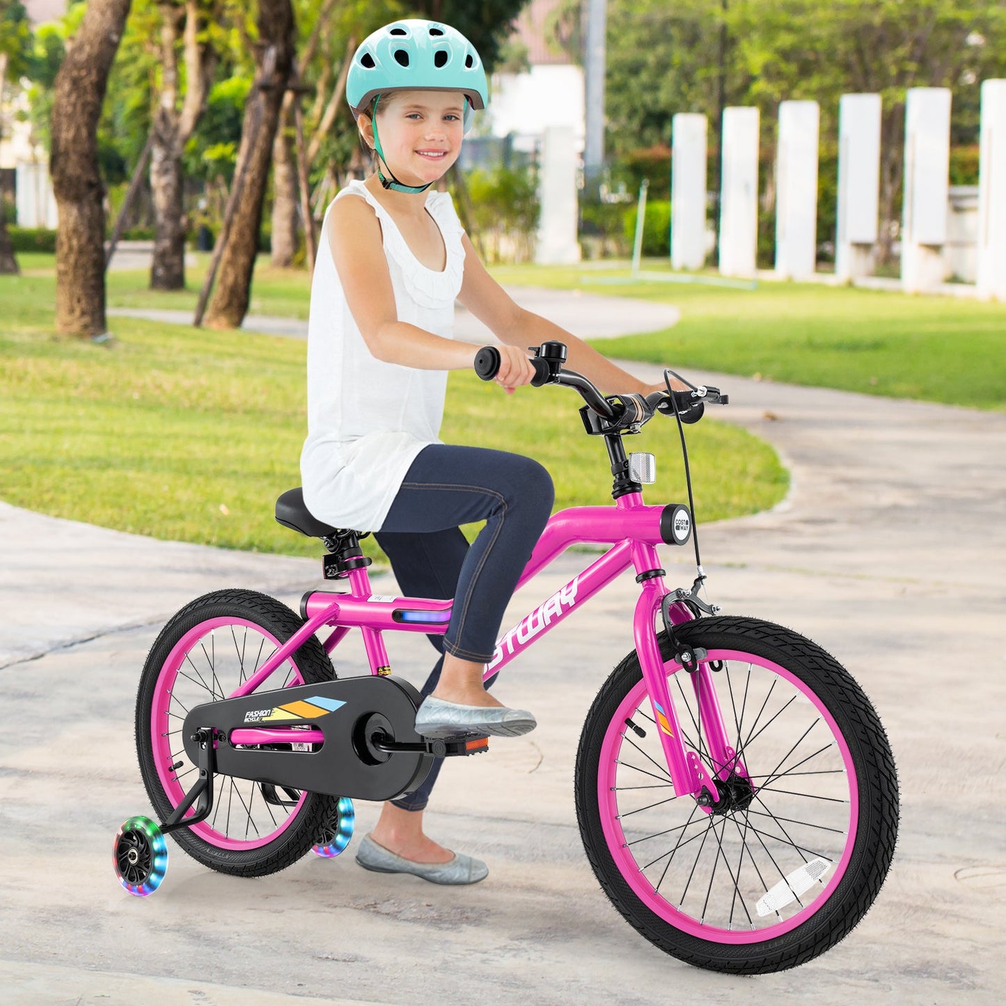 18 Inch LED Lighted Kids Bike with Training Wheels and Headlight for Ages 4-8 Years-18 inches
