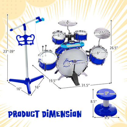 Kids Jazz Drum Keyboard Set with Stool and Microphone Stand-Blue