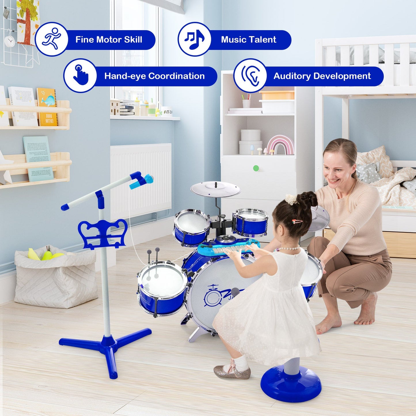 Kids Jazz Drum Keyboard Set with Stool and Microphone Stand-Blue