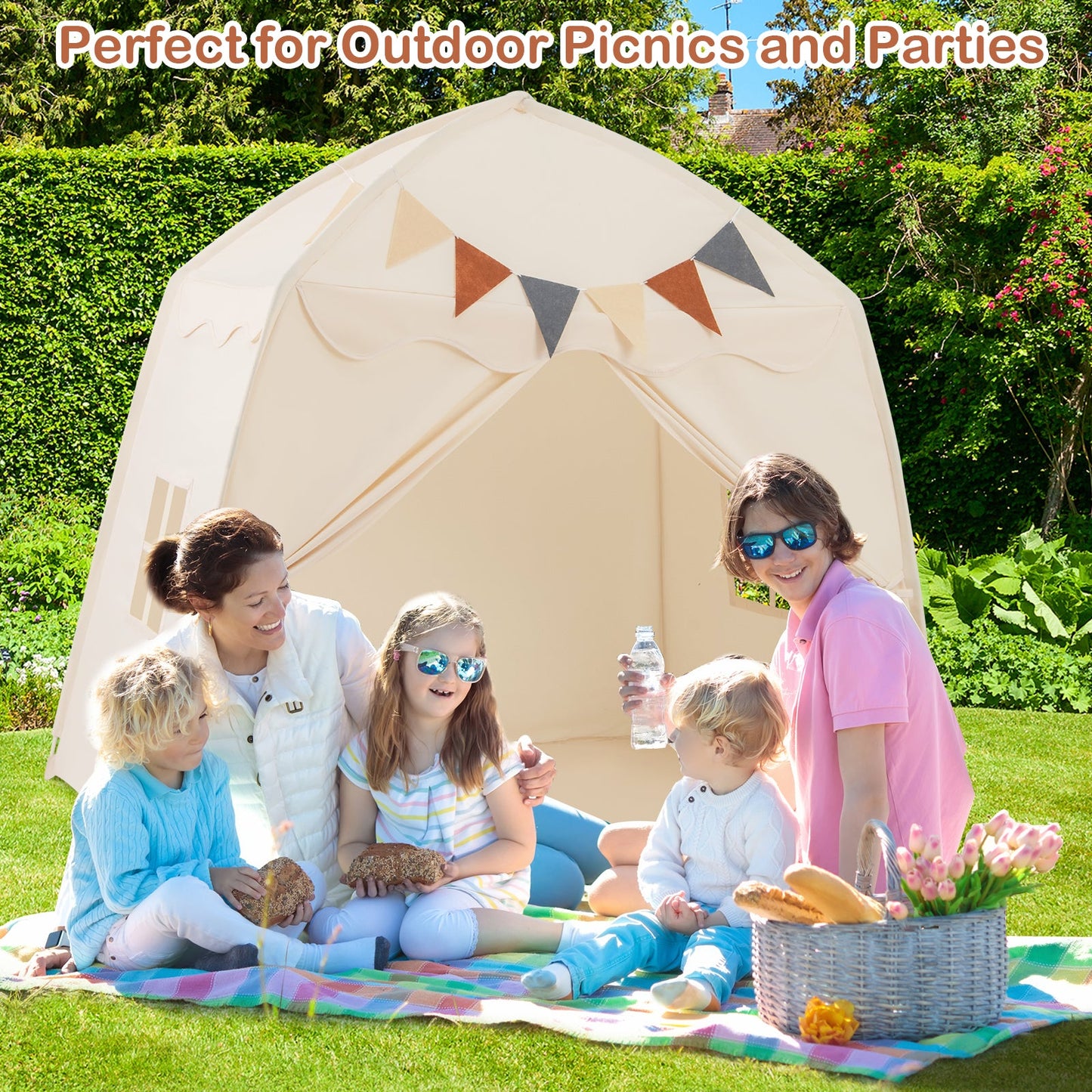 Kids Play Tent Bed Tent with String Lights Extra Large Playhouse Tent-Beige