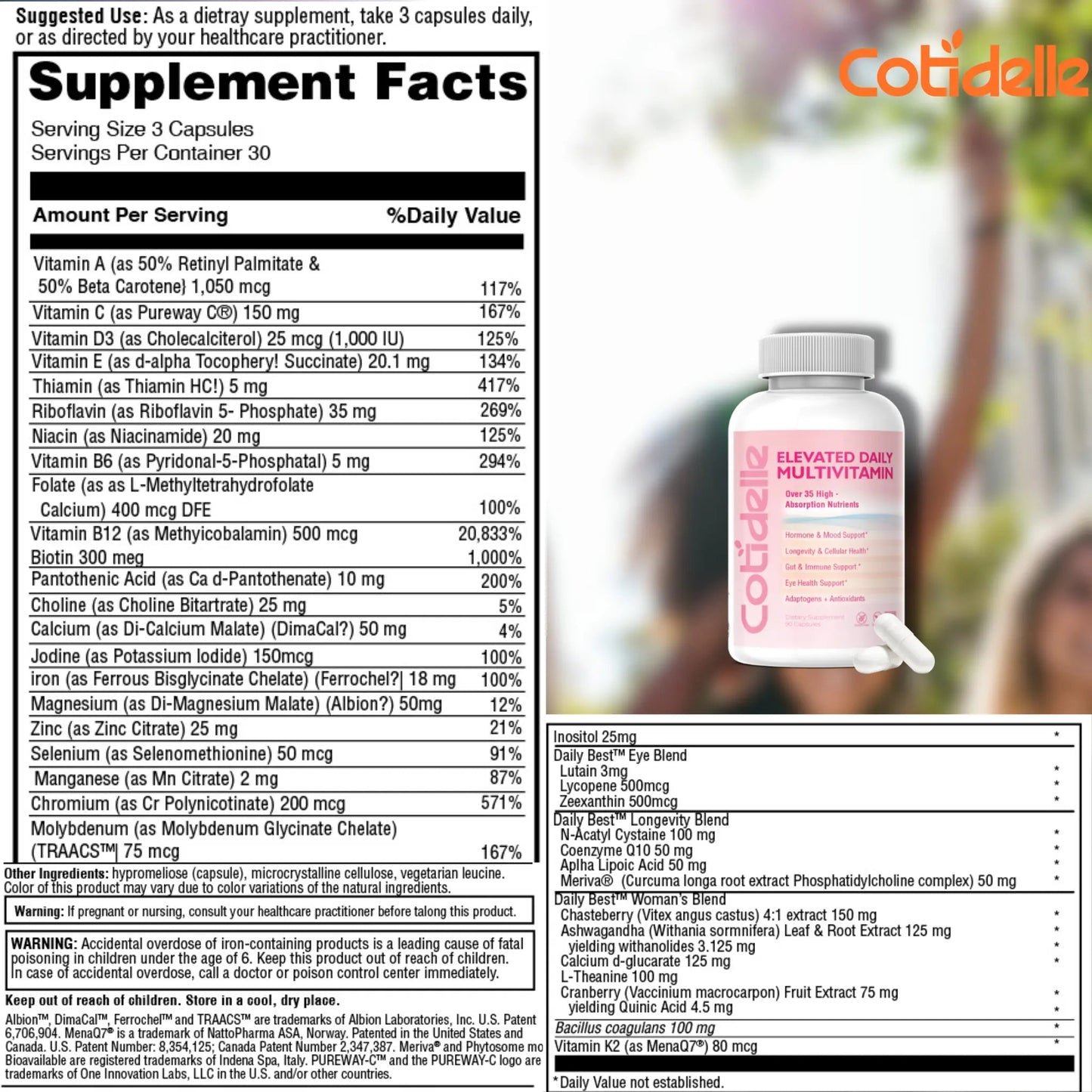 Elevated Daily Multivitamin for Women with Hormonal Balance, Immune Support, Longevity, Wellness, Eye Health and Detox