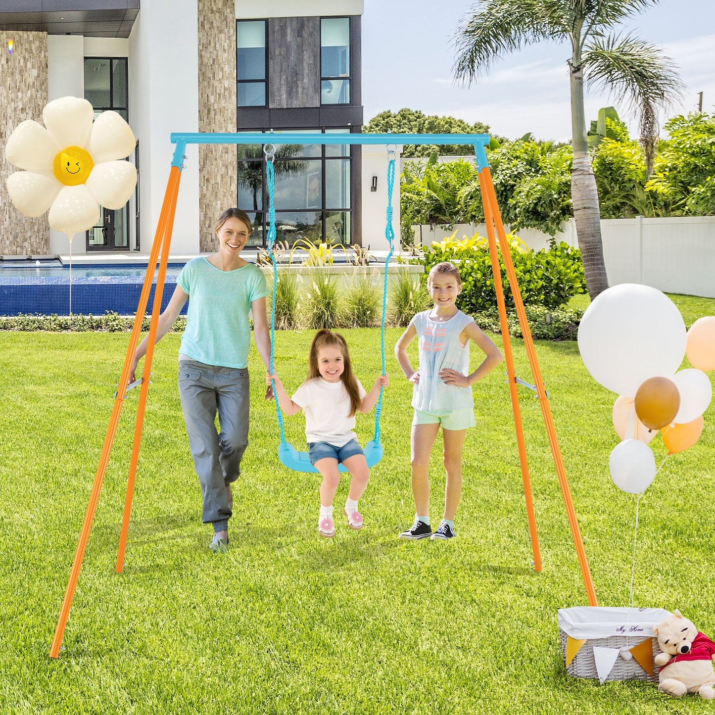 Outdoor Heavy Duty Metal Toddler Swing Set with Stand-Orange