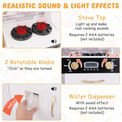 Pretend Play Kitchen with Utensils for Kids Aged 3+-White