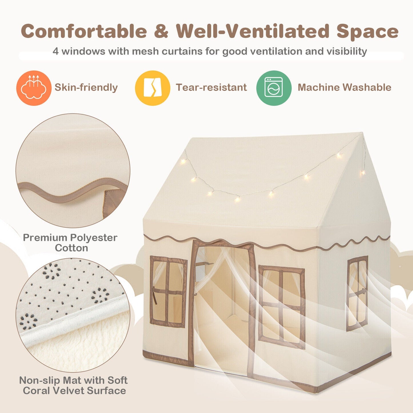 Toddler Large Playhouse with Star String Lights-Brown