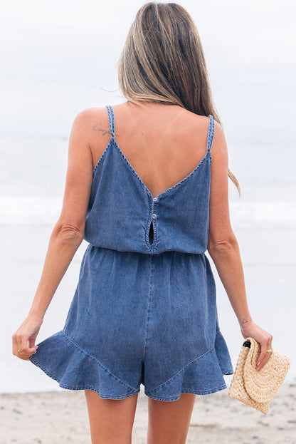 Aspyn Spaghetti Straps Ruffled Leg Chambray Romper