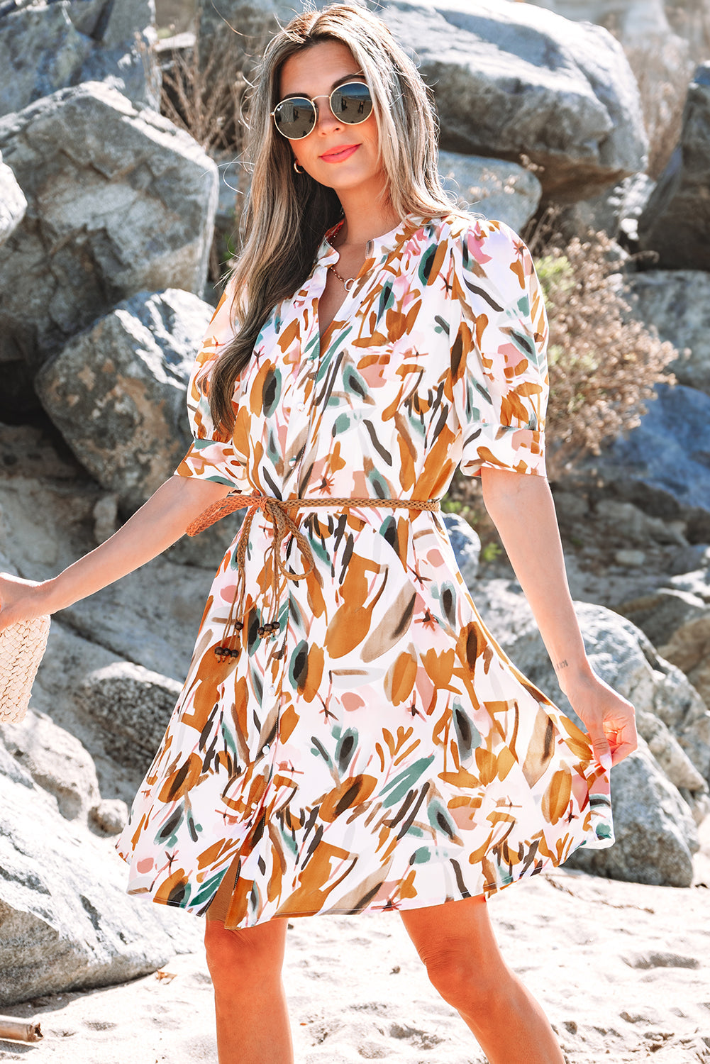 Christina Puff Sleeve Button Up Braided Belt Mini Dress