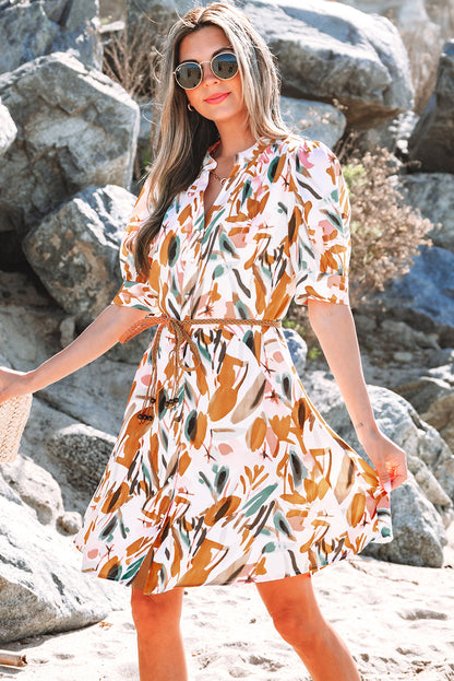 Christina Puff Sleeve Button Up Braided Belt Mini Dress