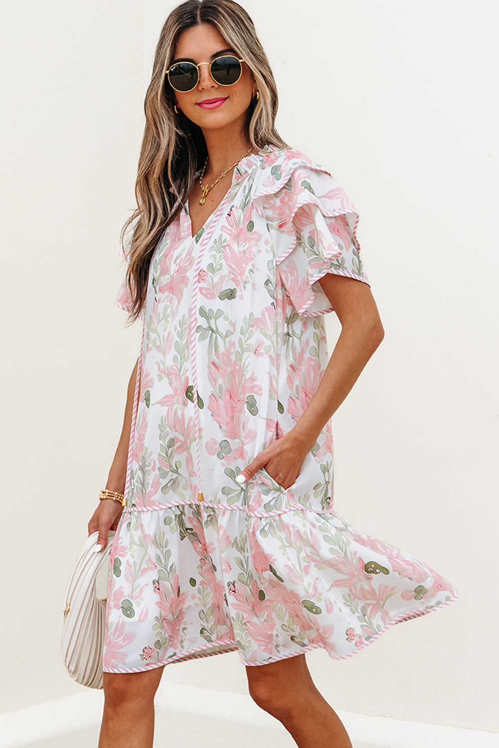 Madalyn Floral Contrast Edge Layered Short Sleeve Mini Dress