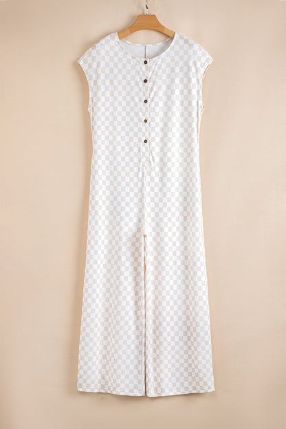 Paisley Checkered Buttoned Crew Neck Wide Leg Jumpsuit