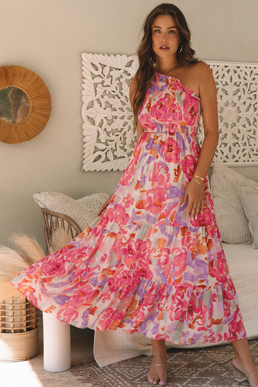 Malaysia Floral Print Shirred One Shoulder Maxi Dress