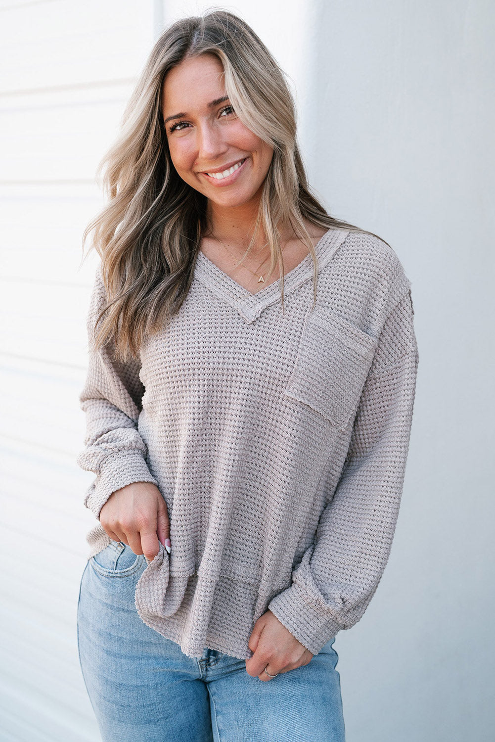 Eden Raw Edge Detail Waffle Knit V Neck Top