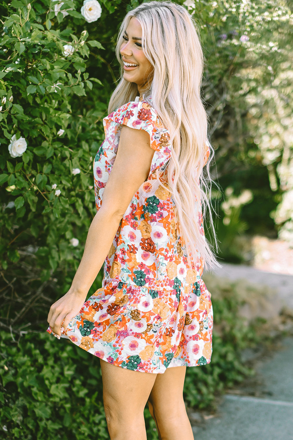 August Floral Print Split Neck Flutter Sleeve Dress