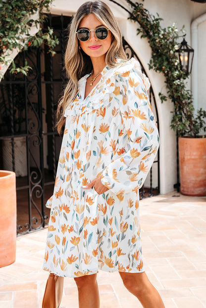 Katherine Floral Tie Neck Frilled Long Sleeve Dress